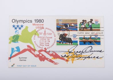 A SIGNED FIRST DAY OF ISSUE COVER OF THE 1980 OLYMPICS BY JESSIE (JAMES CLEVELAND) OWENS. (September