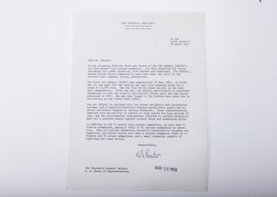 A RARE LETTER FROM ADMIRAL HYMAN RICKOVER TO REPRESENTATIVE SEYMOUR HALPERN. On official USS Bergall