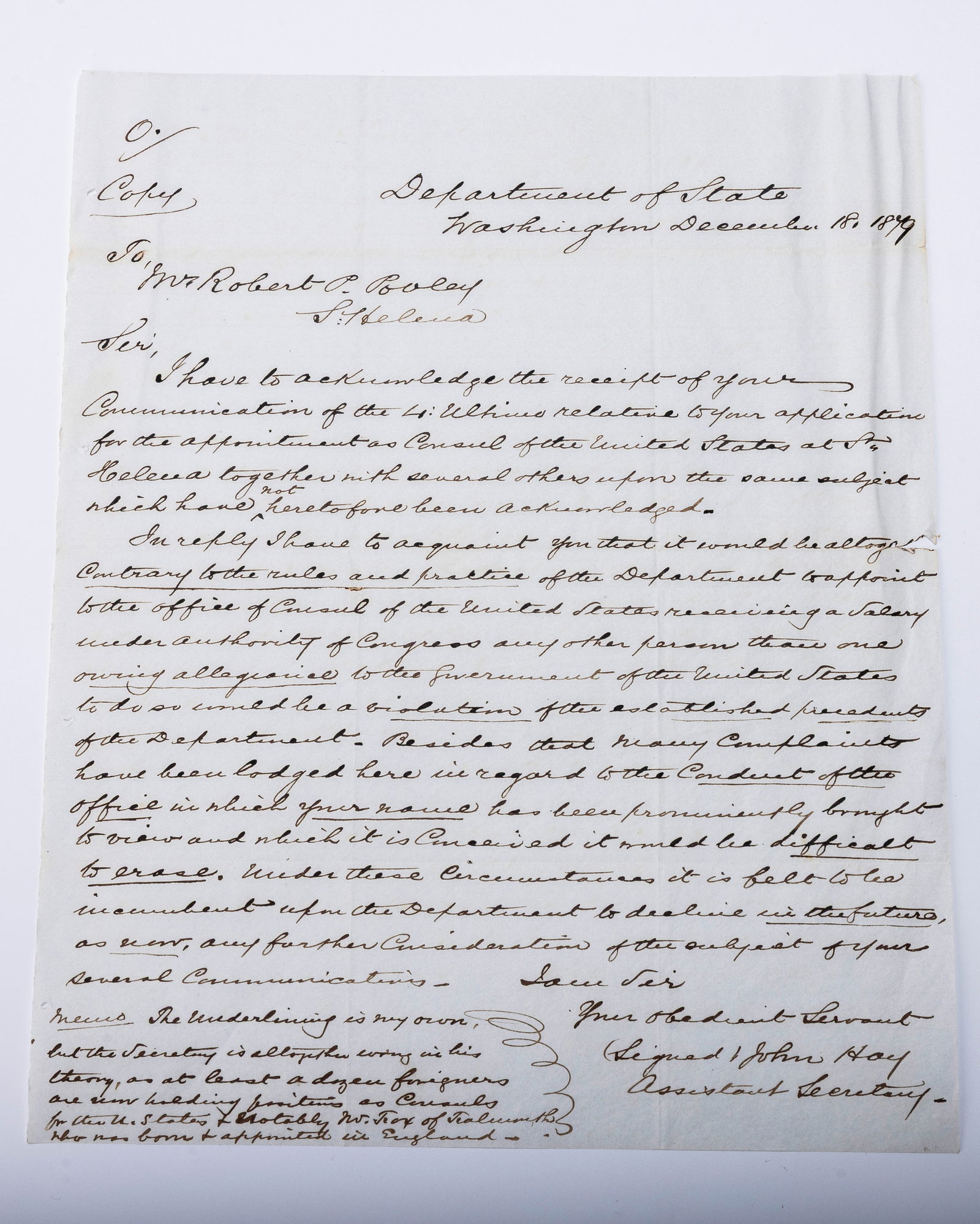 A PERIOD HANDWRITTEN COPY OF A LETTER FROM JOHN HAY (SECRETARY OF STATE) FOR MR. ROBERT POOLEY. (1 of 1)