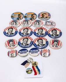 A COLLECTION OF RONALD REAGAN POLITICAL BUTTONS. C. 1980. Accompanied by other political buttons.