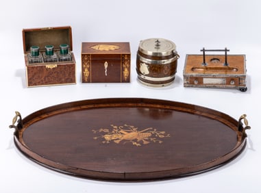 THREE ANTIQUE WOODEN BOXES AND A ICE BUCKET. The first with sterling silver edges and dedication