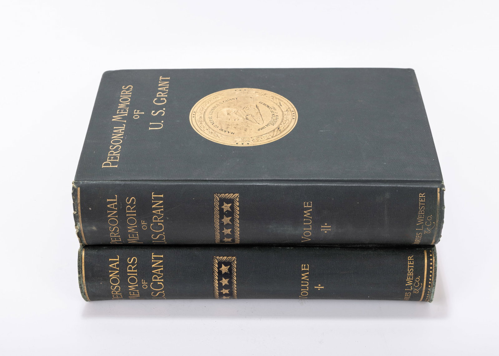 PERSONAL MEMOIRS OF U.S. GRANT. Published by Charles L. Webster & Company, 1885. Hardover with: PERSONAL MEMOIRS OF U.S. GRANT. Published by Charles L. Webster & Company, 1885. Hardover with magnificent gilt pictorial decoration on the covers. Two volume set. Good condition.