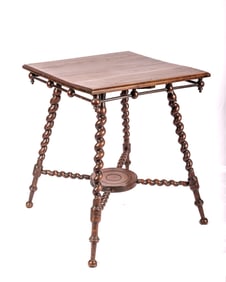 A BARTLET TWIST END TABLE. American, 19th century. On four legs with twist shaped leg supports.