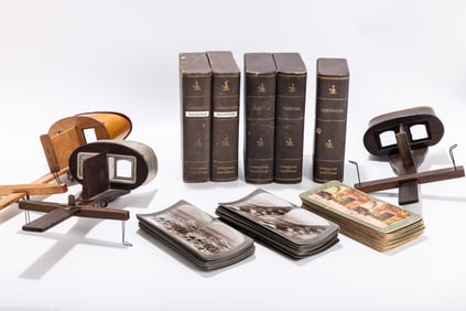 THREE STEREOSCOPES WITH A MASSIVE COLLECTION OF HOLY LAND CARDS. Includes three viewers, one being