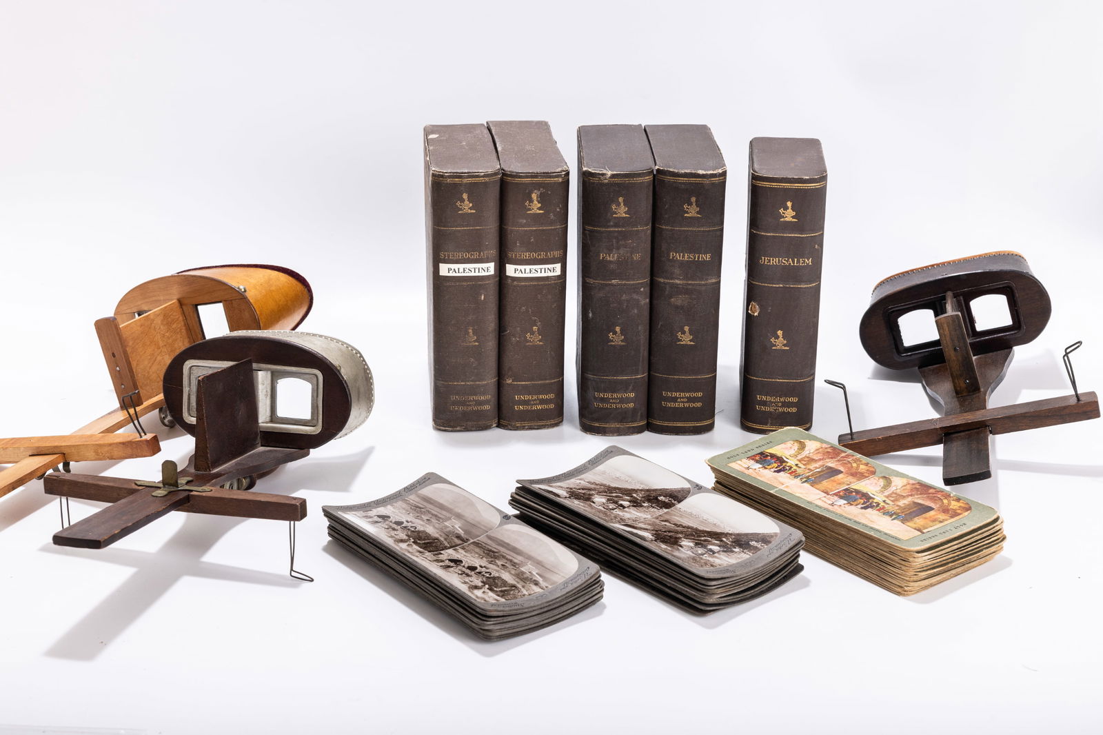 THREE STEREOSCOPES WITH A MASSIVE COLLECTION OF HOLY LAND CARDS. Includes three viewers, one being (1 of 7)