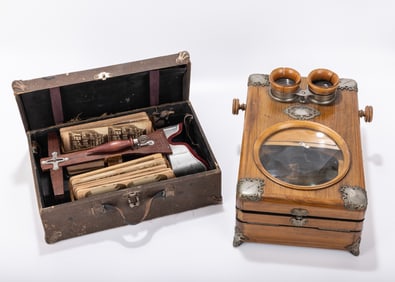 A STEREOSCOPE BY KEYSTONE AND A FOLDING STEREOSCOPE/GRAPHOSCOPE (TABLETOP). The stereoscope by