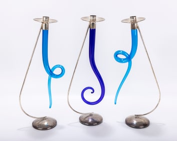 THREE STERLING SILVER AND ITALIAN GLASS CANDLESTICKS. Modern. Each hand blown glass fitted with a