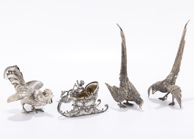 A GROUP OF SILVER TABLE ORNAMENTS/DECORATIONS. Germany, c. 1900. Including two matching birds,