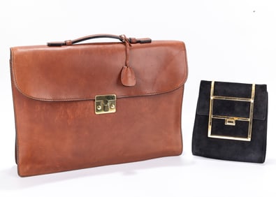 A BOTTEGA BRIEFCASE AND JUDITH LEIBER BAG. A black velvet bag by Judith Lieber and a large Italian