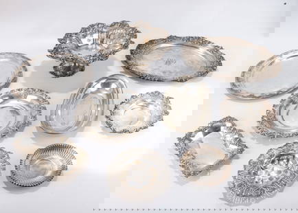 A GROUP OF AMERICAN STERLING SILVER TABLEWARE. Including a bread dish by Towle: A GROUP OF AMERICAN STERLING SILVER TABLEWARE. Including a bread dish by Towle (11.5" x 6.7", 7.23 ozt), a pickle tray by Redlich and Co. (9.2" x 10.3", 8.74 ozt), a bowl by Gorham (6" wide, 4.9 ozt),