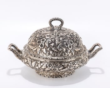 AN EARLY STERLING SILVER STEAMED VEGETABLE COVERED DISH. By Whiting and coousee. Some