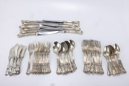 GORHAM STERLING SILVER FLATWARE SERVICE. Monogrammed. Including 12 dinner forks (17.5 ozt), 12 soup