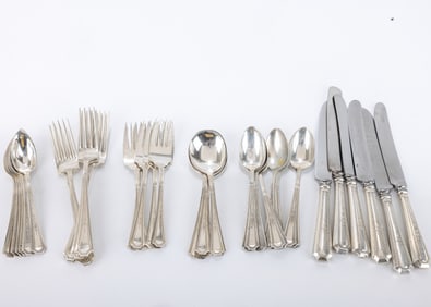 GORHAM STERLING SILVER FLATWARE SERVICE. Monogrammed M. Including 12 dinner forks (17.96 ozt), 12