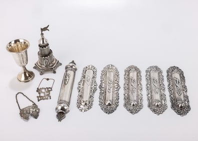 A GROUP OF STERLING SILVER JUDAICA. Including 6 mezuzah cases,