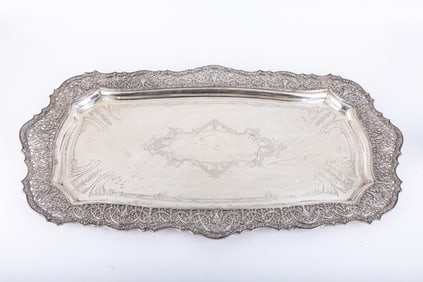A MONUMENTAL STERLING SILVER LOUIS XVI STERLING TRAY BY SHREVE AND COMPANY. American, c. 1930. With