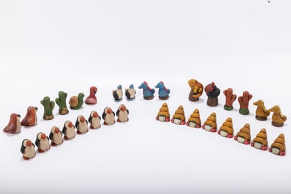 VINTAGE CLAY FOLK ART CHESS SET handmade clay animal figurines in excellent condition
