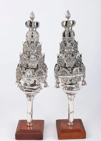 A MONUMENTAL PAIR OF SILVER TORAH FINIALS FROM THE FURMAN COLLECTION FEATURED IN THE BOOK TREASURES