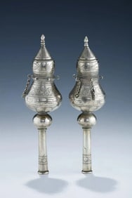 A PAIR OF SILVER HOLY LAND TORAH FINIALS. Safed, c.1890