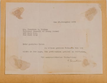 A RARE AND IMPORTANT LETTER FROM ALBERT EINSTEIN TO THEODORE R. NATHAN OF THE NATIONAL COUNCIL OF YO