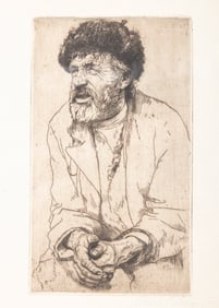 MAYER. Early lithograph of a Jewish mane with fur hat sitting. Signed and dated 1943.