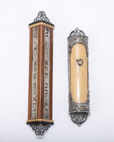 TWO STERLING SILVER AND WOOD MEZUZAH COVERS BY AVI LUVATON. Israel, c. 2000. Both blessing you upon
