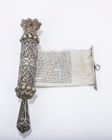 A SILVER MEGILLAH CASE WITH THE ORIGINAL MEGILLAH BY THE BEZALEL SCHOOL. Jerusalem, c. 1915. Made
