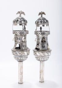 A PAIR OF SILVER TORAH FINIALS BY JOHANN NICHOLAS WOLLENBERG. Nuremberg, c. 1785. On long staves