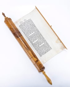 A MONUMENTAL OLIVEWOOD MEGILLAH CASE WITH THE ORIGINAL MEGILLAH. The case is Holy Land, c. 1900. The