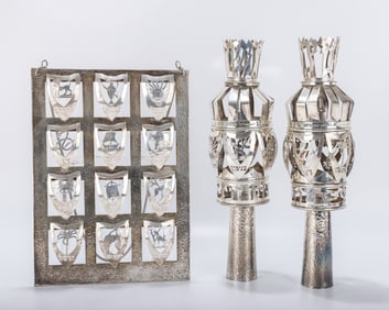 A SET OF STERLING SILVER TORAH ORNAMENTS. Hand crafted from sterling silver in the motif of the