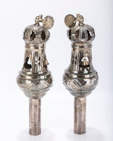 A PAIR OF SILVER TORAH FINIALS BY JOHANN FRIEDRICH EHE. Nuremberg, c 1780 On wide staves Upper