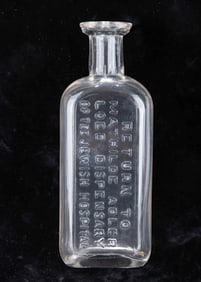 A GLASS MEDICINE BOTTLE FROM THE PHILADELPHIA JEWISH HOSPITAL. PHILADELPHIA, c. 1870. Imprinted with