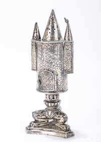 A SILVER SPICE CONTAINER. Germany, 19th century. On a triangle base with three creature-like feet.
