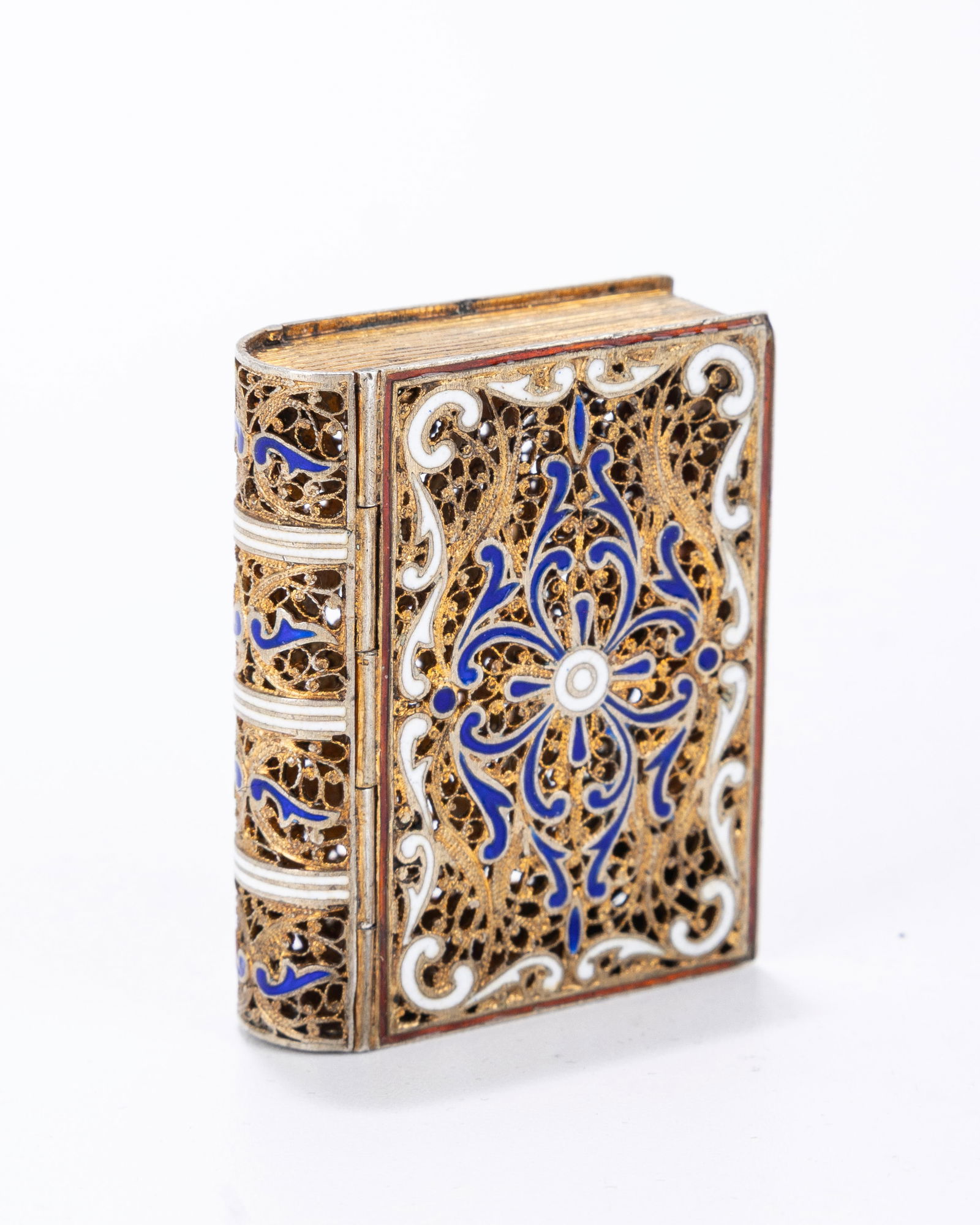 A GILDED FILIGREE AND ENAMEL BOOK SHAPED SPICE BOX. Continental, 19th century. Hand spun and (1 of 11)