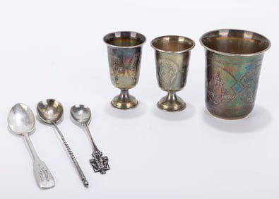 THREE SILVER RUSSIAN KIDDUSH CUPS AND THREE SMALL SPOONS. Including an apostle spoon, a Dutch spoon