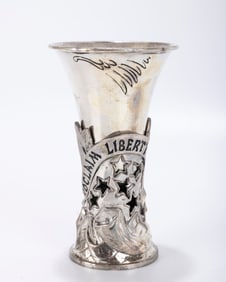 A 350 YEAR LIBERTY SILVER KIDDUSH CUP . 2004 The Kiddush cup and the base are two separate pieces.