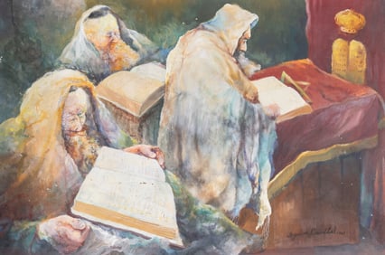 THREE SCHOLARS STUDYING. Seymour Rosenthal, 1965. Egg tempura.