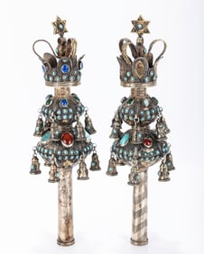 A PAIR OF HIGHLY DECORATED TORAH FINIALS. Probably Israel, modern. Decorated with applied stones and