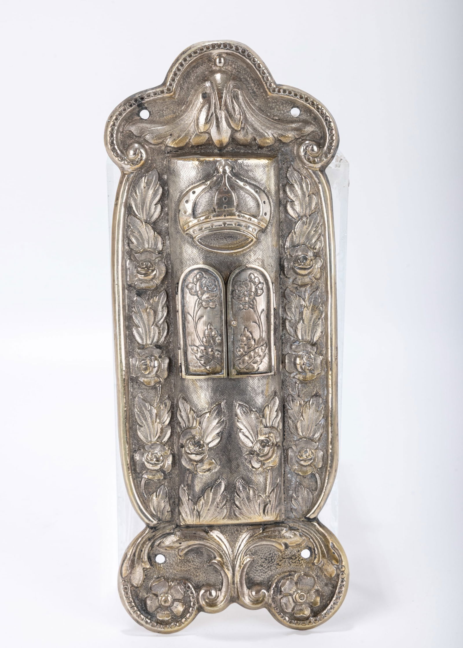 A LARGE HAND CRAFTED STERLING SILVER MEZUZAH CASE. Israel, 20th century. hand embossed with flowers (1 of 8)