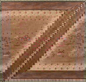 AN EARLY NEEDLEPOINT SAMPLER. American, 19th century. Showing Adam and Eve eating from the Tree of L