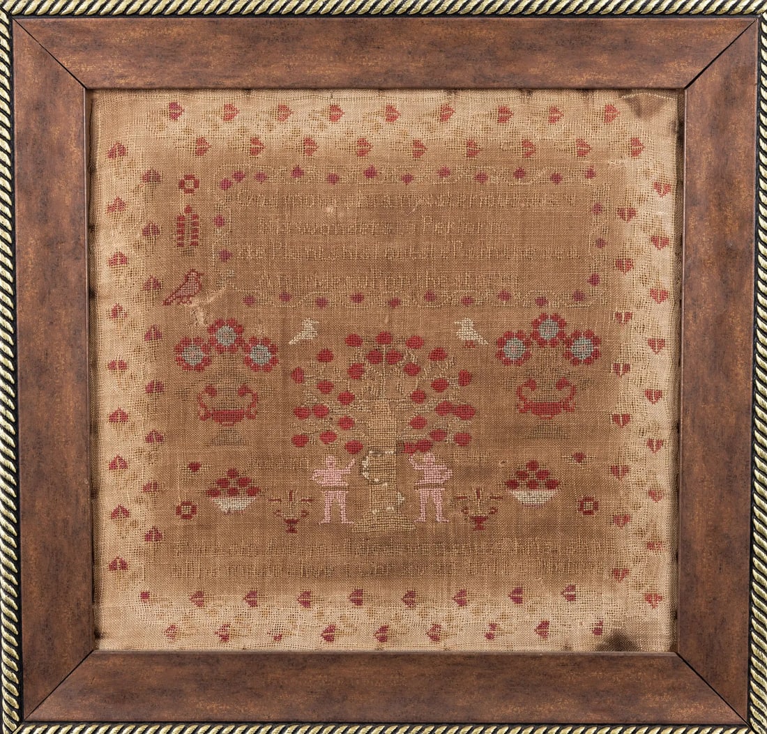 AN EARLY NEEDLEPOINT SAMPLER. American, 19th century. Showing Adam and Eve eating from the Tree of L (1 of 1)