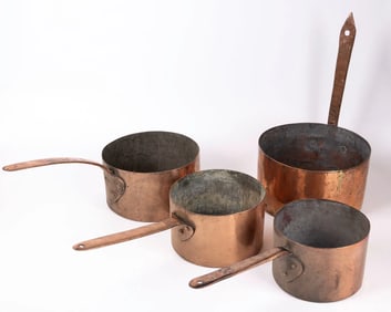 A COLLECTION OF 4 COPPER HAND WROUGHT POTS. Mostly Russian, 19th and early 20th centuries. Dovetail