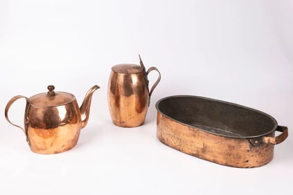 A COPPER TEAPOT, STEIN AND FISH POT. Probably Russia or Poland, 19th century.Hand wrought.