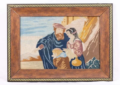 A RARE TAPESTRY. Probably Belgian or Central Europe. Of a biblical scene.  17.5” X 11.3”