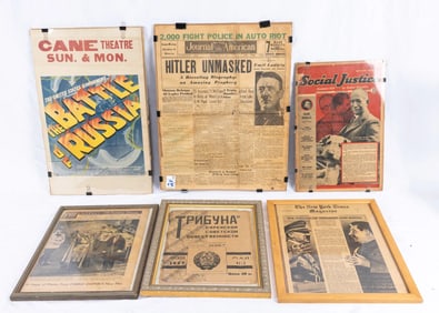 A GROUP OF SIX WWII AND COMMUNISM ASSOCIATED POSTERS AND NEWSPAPERS. C. 1940
