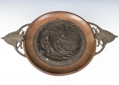 MASSIVE BRASS COMPOTE BY C. PERRON. France, c.1880.   Graphically depicting the scene of the saving