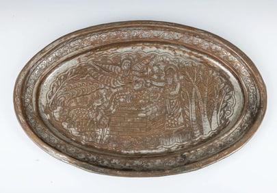 A LARGE COPPER TRAY. Persian, c. 1900. Engraved with the scene of the Binding of Isaac. 16” x