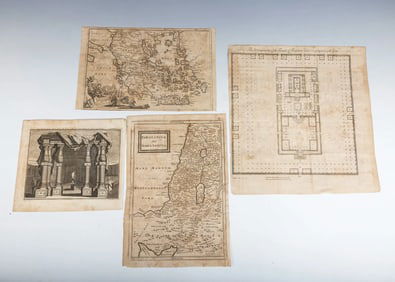 A GROUP OF FOUR WOODCUT ENGRAVINGS. Continental, 18th century. Includes Maps of the Holy Land and th