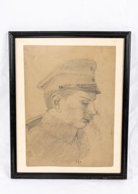 A PENCIL DRAWING OF A RUSSIAN SOLDIER. Soviet Union, c. 1920. Depicts the head of a soldier in a Red