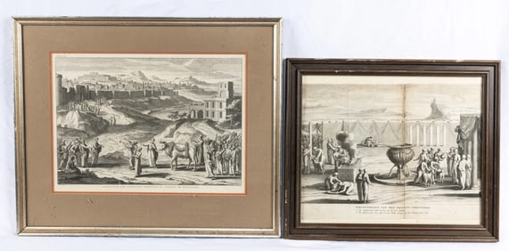 TWO LARGE EARLY BOOKPLATE PRINTS. Continental, c. 1800. Each one depicting a scene from the Temple i