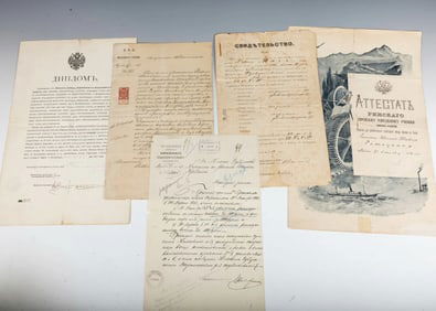 A COLLECTION OF RUSSIAN DOCUMENTS. Pre-revolution Russia, c. 1900. Including an 1882 birth certifica